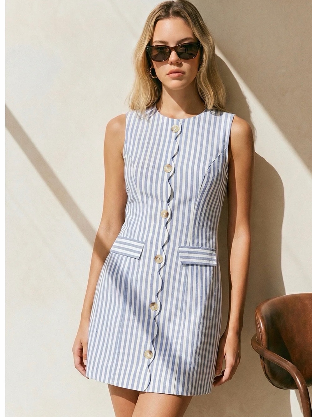Commense Scallop Trim Striped Sleeveless Mini Dress - Picture 1 of 4